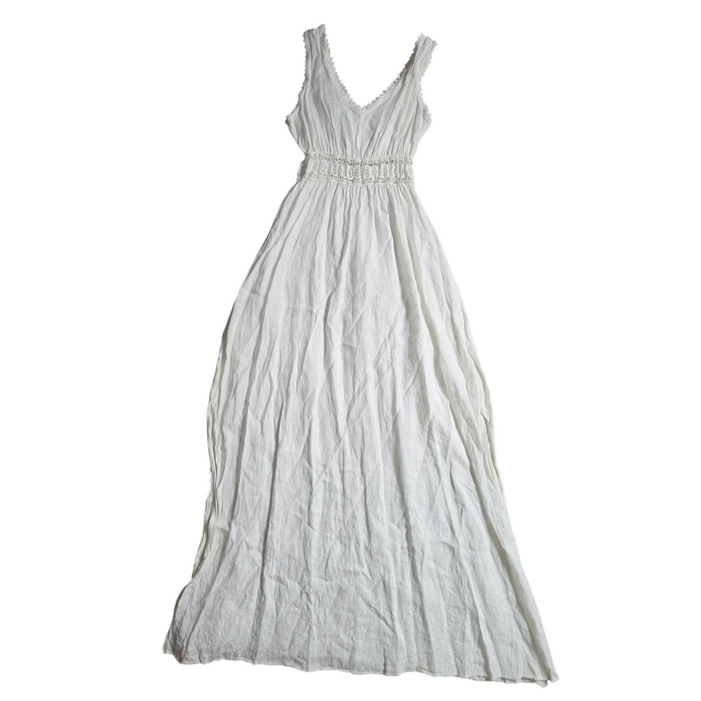 Terzo Millennio Linen Crochet Lace Trim Maxi Dress L Italy Coastal Resort Boho